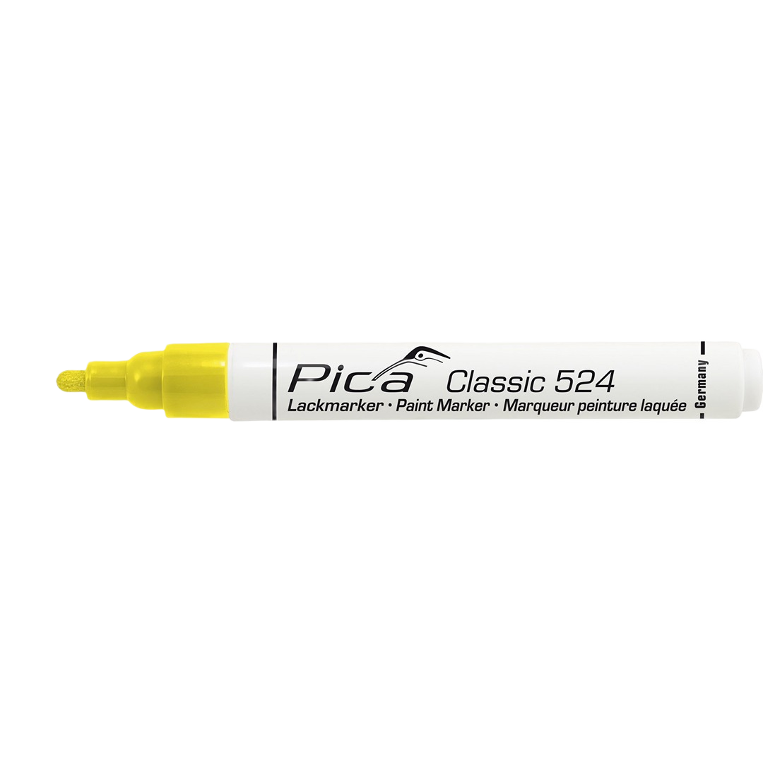 Yellow industrial paint marker with fine tip for marking on multiple surfaces in hand tools and woodworking collections