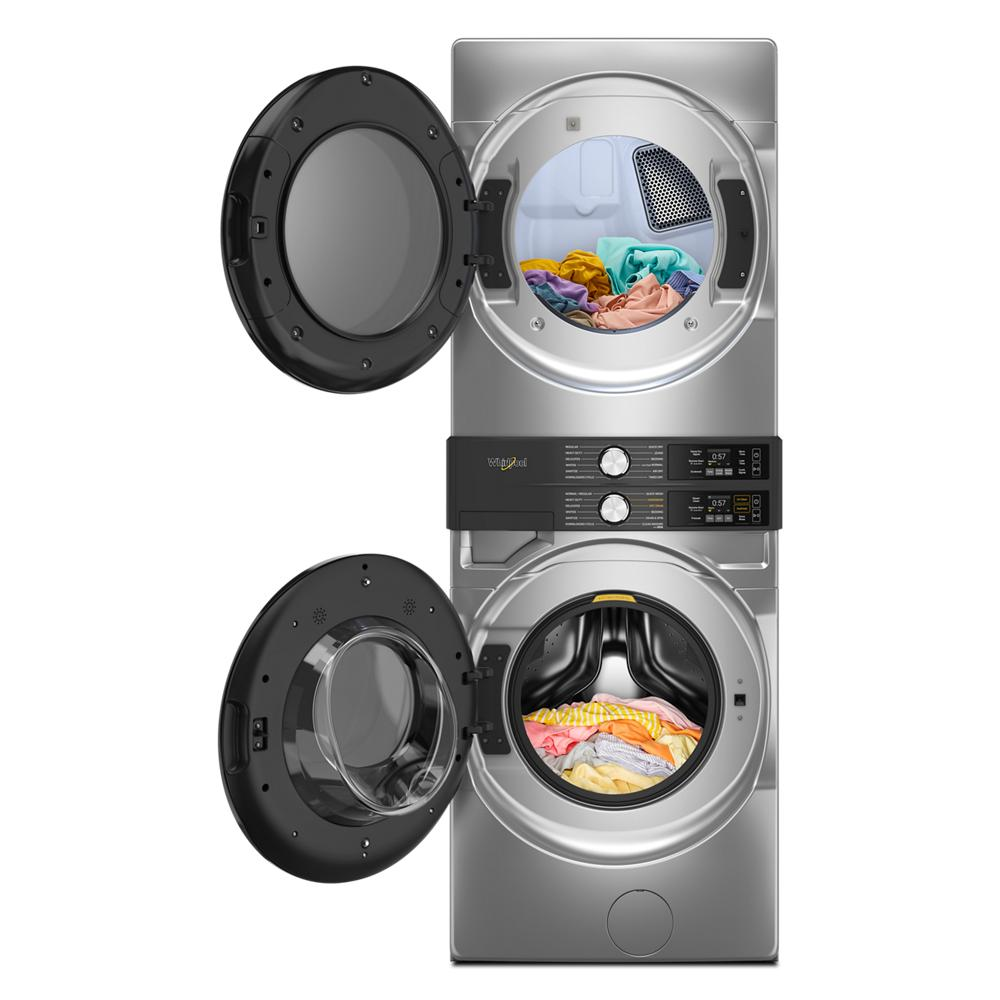 Stainless steel front load laundry tower with stacked washer and dryer, featuring open doors showing colorful clothes inside, part of appliance laundry centers and washer/dryer combos for home improvement.