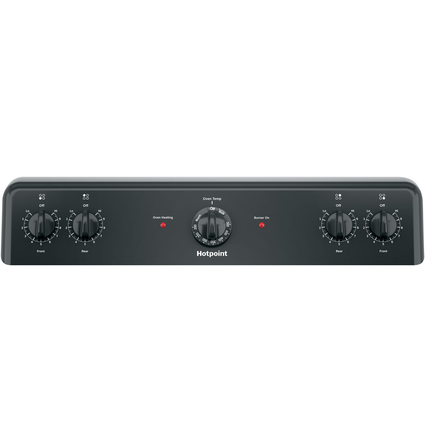Black control panel with four burner knobs and central oven temperature dial for electric ranges in Appliances collections