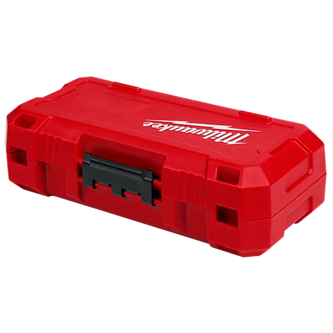 Red hard plastic medium storage case with black latch, designed for tool organization in workshop and jobsite settings