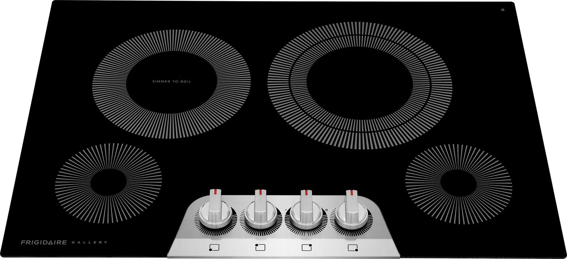 Black electric cooktop with four circular heating zones and silver control knobs in kitchen appliances collection