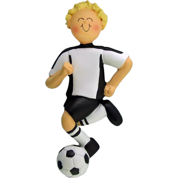 Blonde boy figurine in black and white soccer uniform with soccer ball for Christmas Ornaments & Tree Decorations under $50 collection