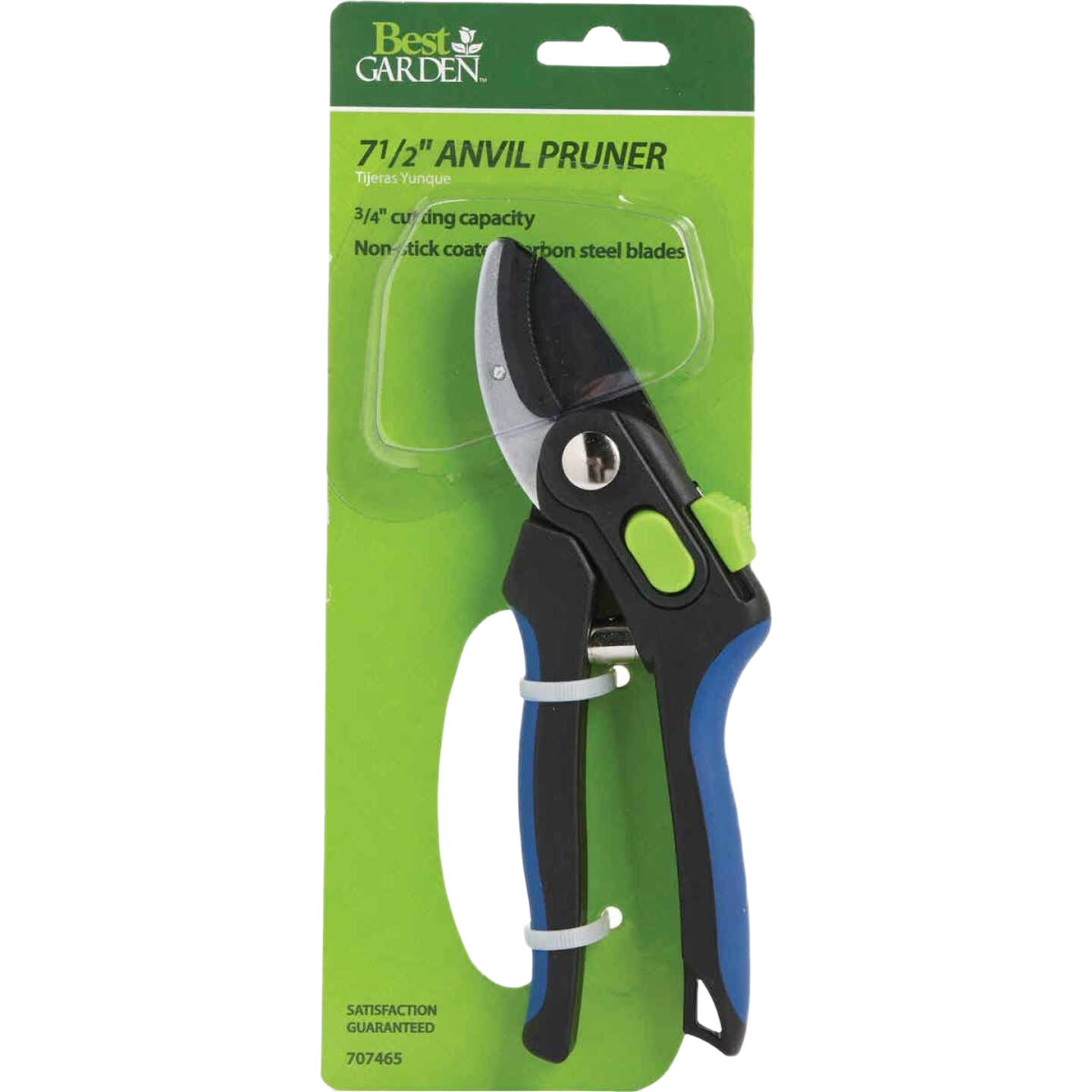 7.5-inch ergonomic anvil pruner with blue and black handles and non-stick coated carbon steel blades for home use