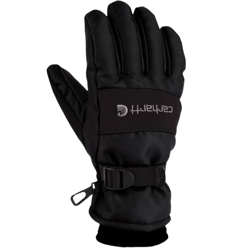 Black insulated glove with adjustable wrist strap and waterproof design for outdoor home improvement tasks