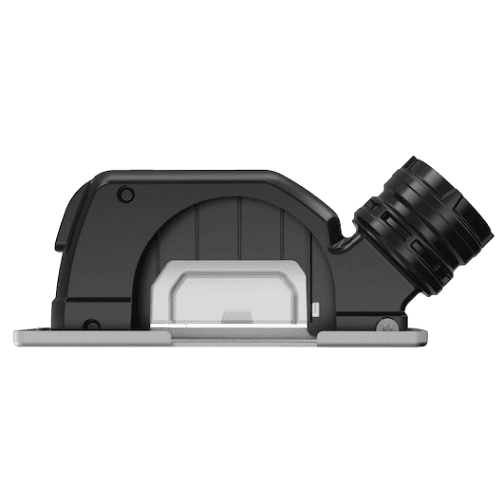 Black dust extraction attachment with angled connector and clear guard designed for woodworking power tools in home improvement and woodworking tasks.