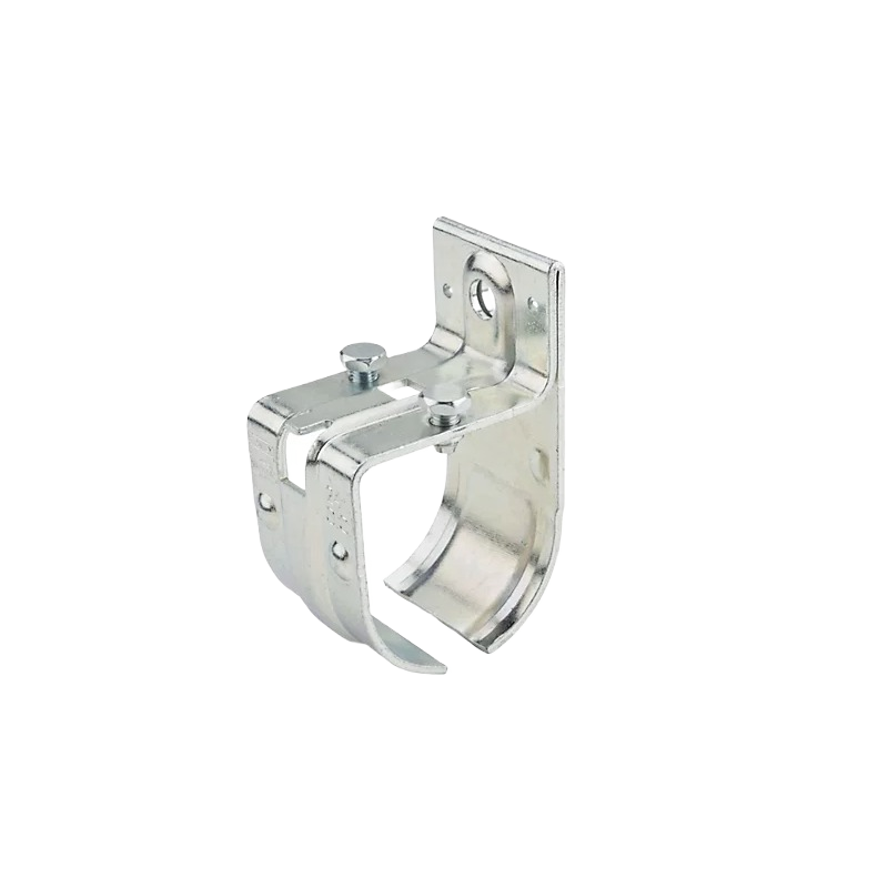 Galvanized adjustable metal bracket designed to support round rails for barn door hardware and home improvement projects