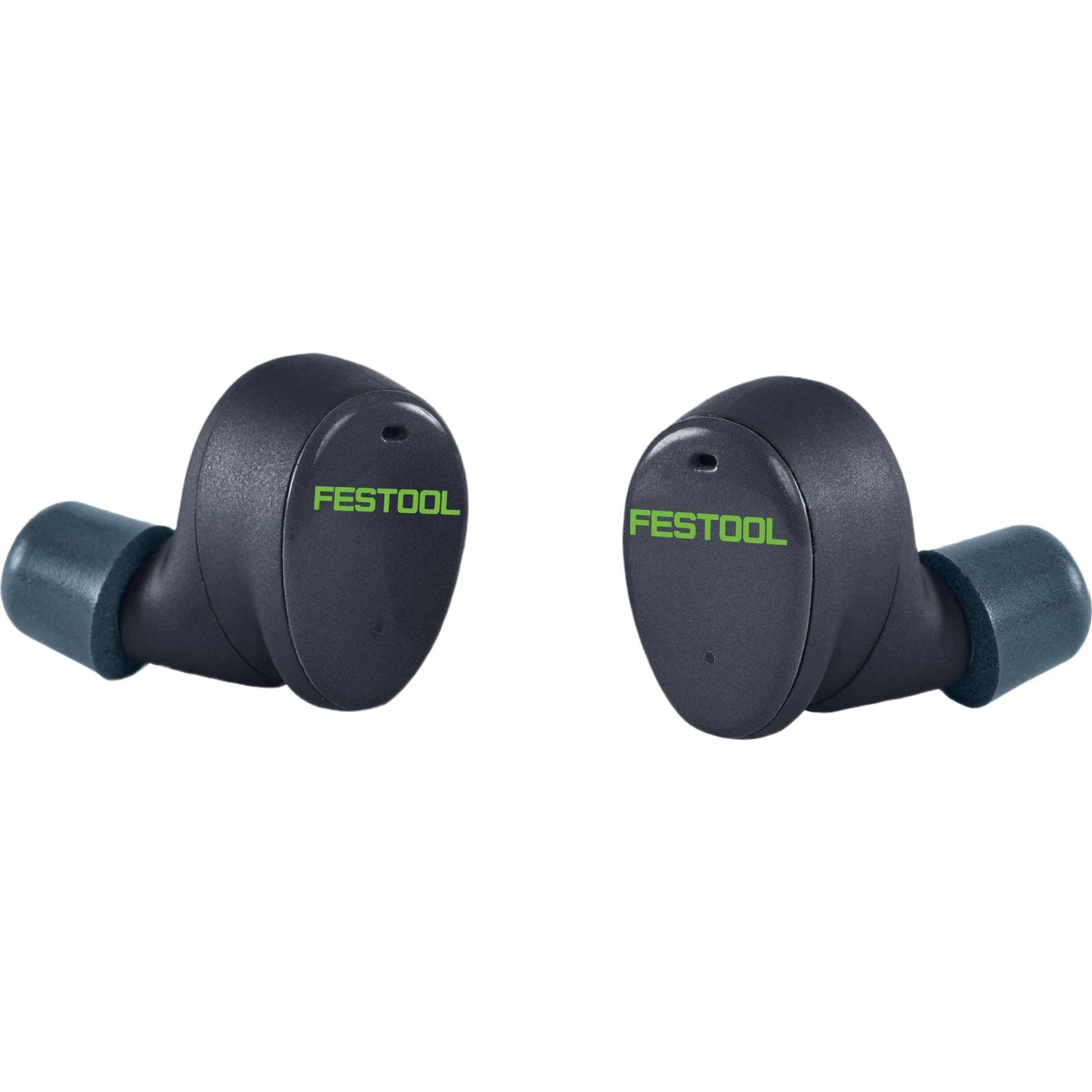 Compact black Bluetooth hearing protection earplugs with green branding, designed for safety and tool use in workshops and jobsites