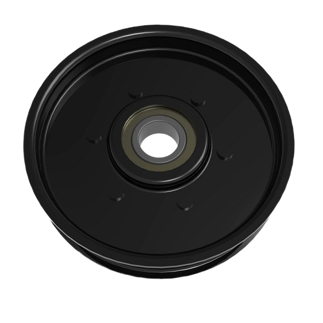 Black flat idler pulley with metal bearing designed for mower deck repair and home improvement tasks
