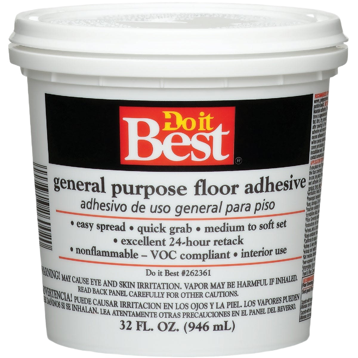 Container of beige general-purpose floor adhesive for indoor flooring projects in adhesives and flooring tools collections