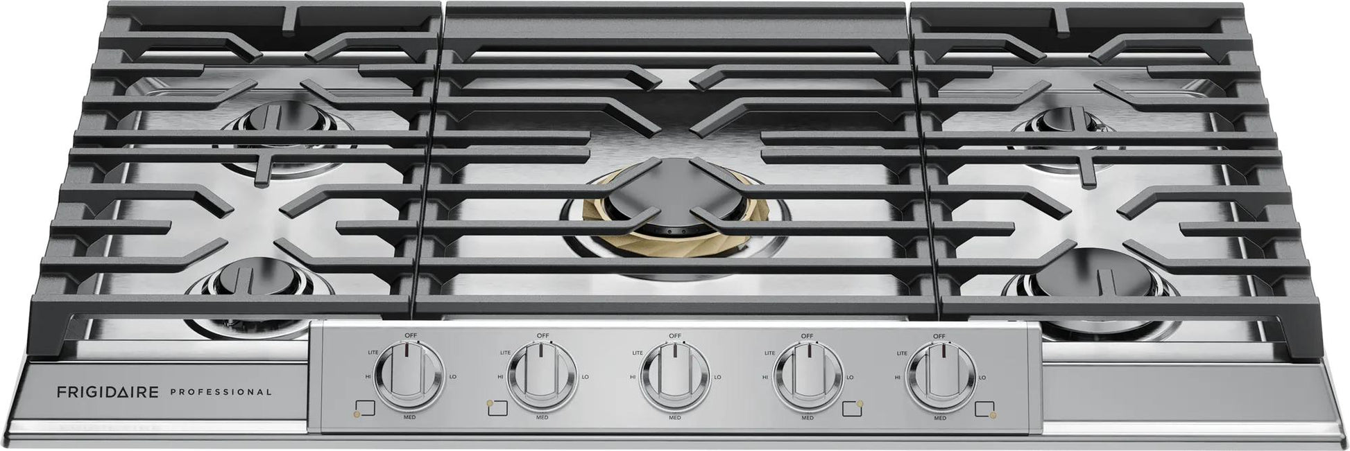 Stainless steel 36-inch gas cooktop with five burners, backlit knobs, and dishwasher safe grates from kitchen appliances collection