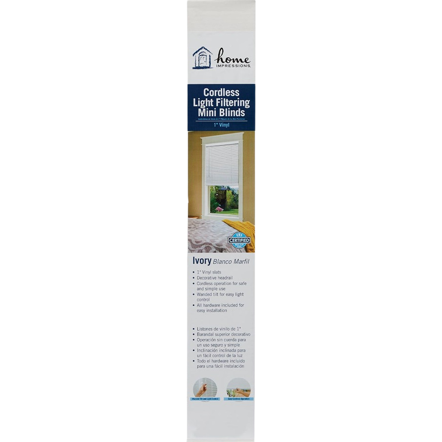 Ivory vinyl cordless mini blind with light filtering slats and decorative headrail for home improvement use