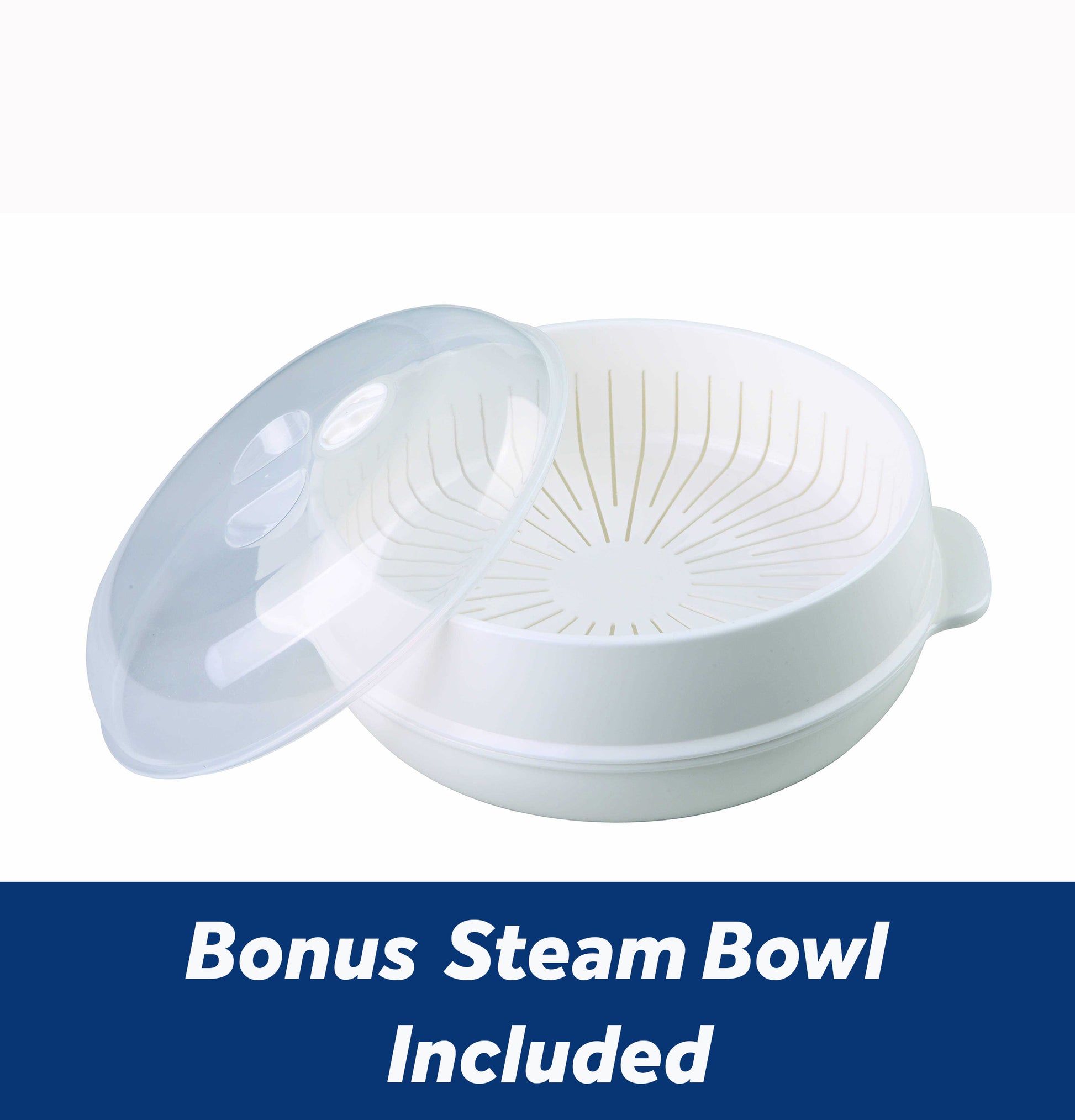 White plastic steam bowl with vented base and clear domed lid shown with blue text banner below