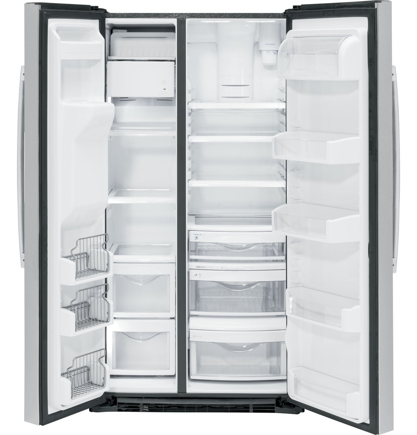 Open GE Profile™ counter-depth side-by-side refrigerator showing spacious shelves and drawers in side-by-side refrigerators collection
