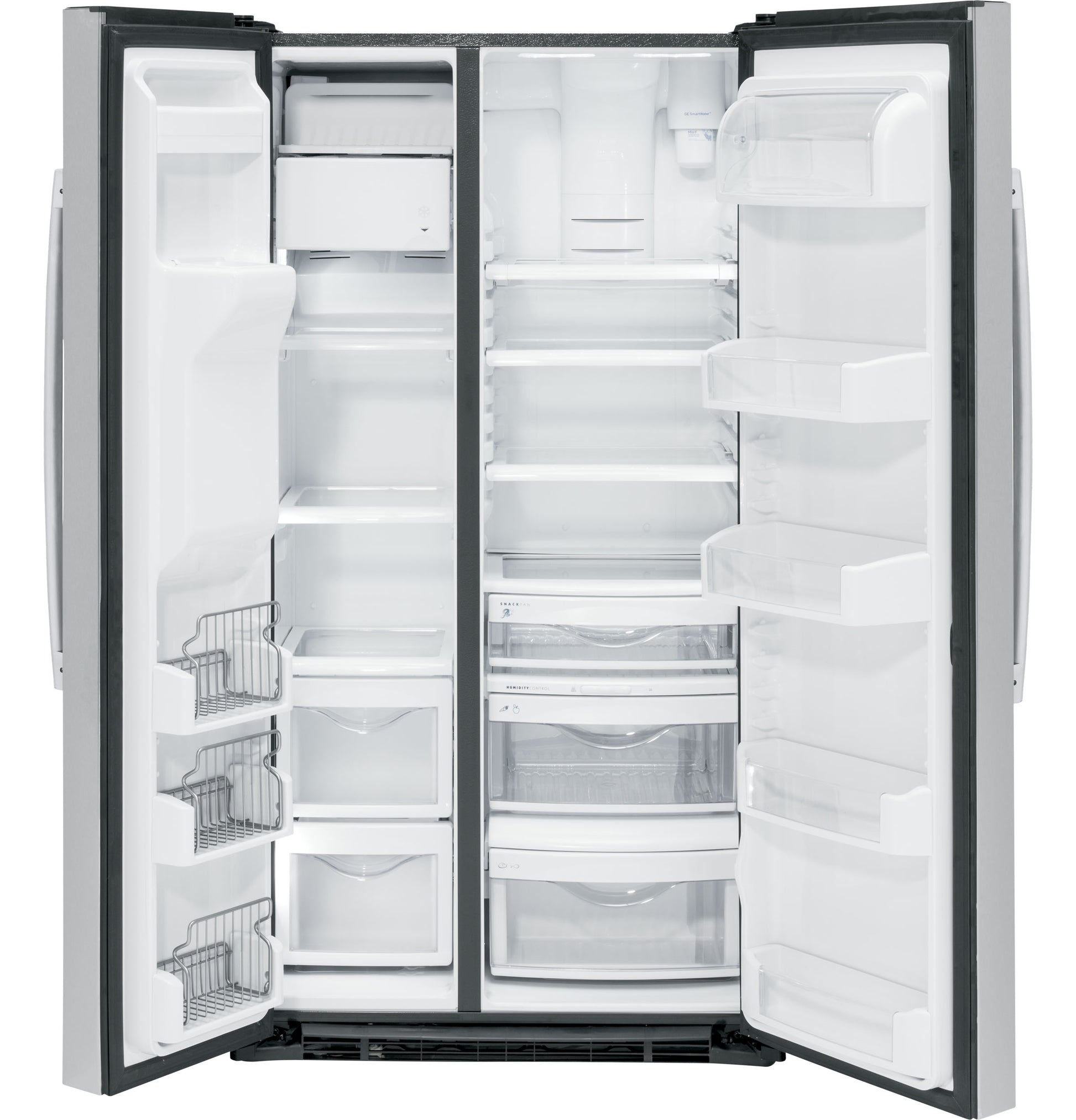 Open GE Profile™ counter-depth side-by-side refrigerator showing spacious shelves and drawers in side-by-side refrigerators collection