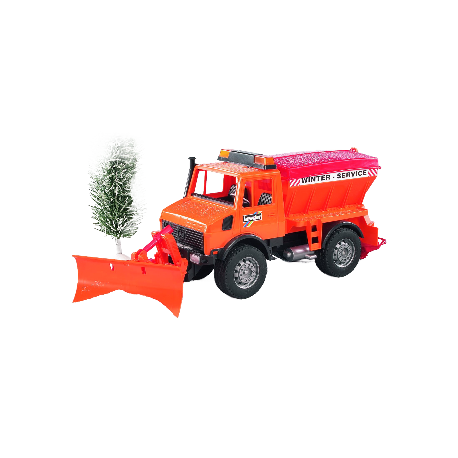 Orange Bruder Winter Service Truck toy with adjustable snow plow blade and salt spreader in Vehicles & Remote Controlled Toys collection