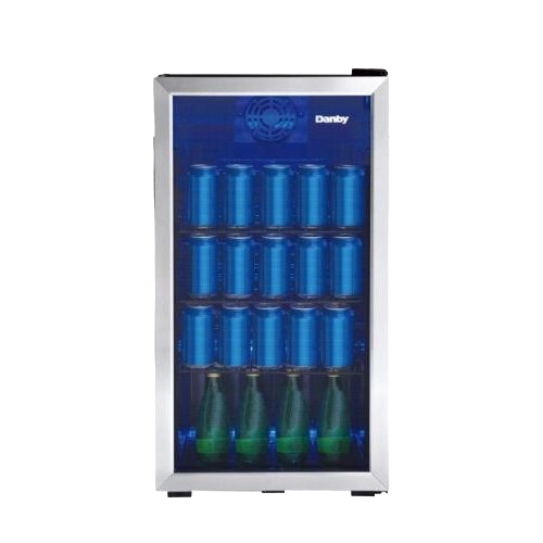 Freestanding beverage cooler with tempered glass door, wire shelves, stocked with blue cans and green bottles inside