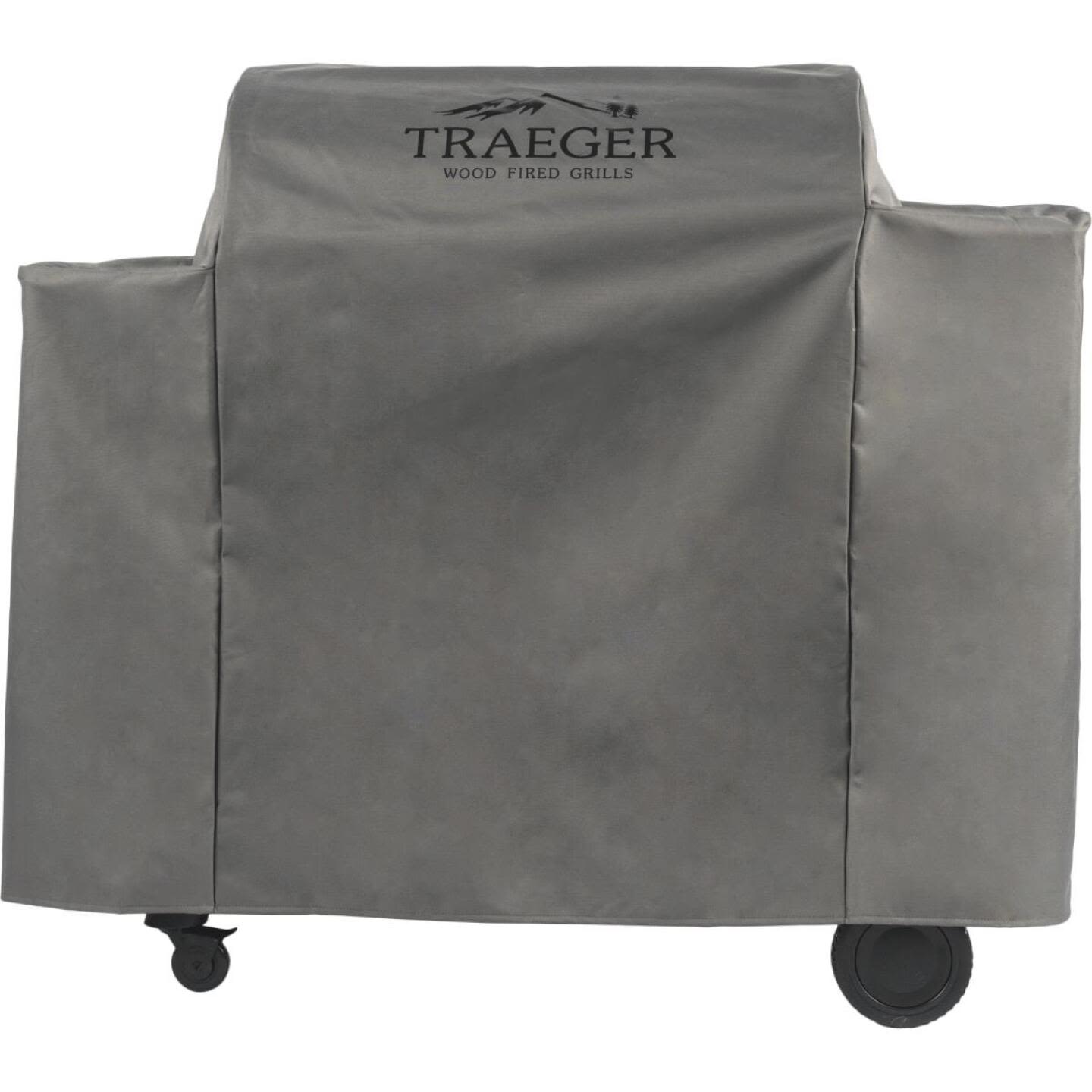 Gray weather-resistant full-length grill cover with printed branding for outdoor grilling and lawn care accessories