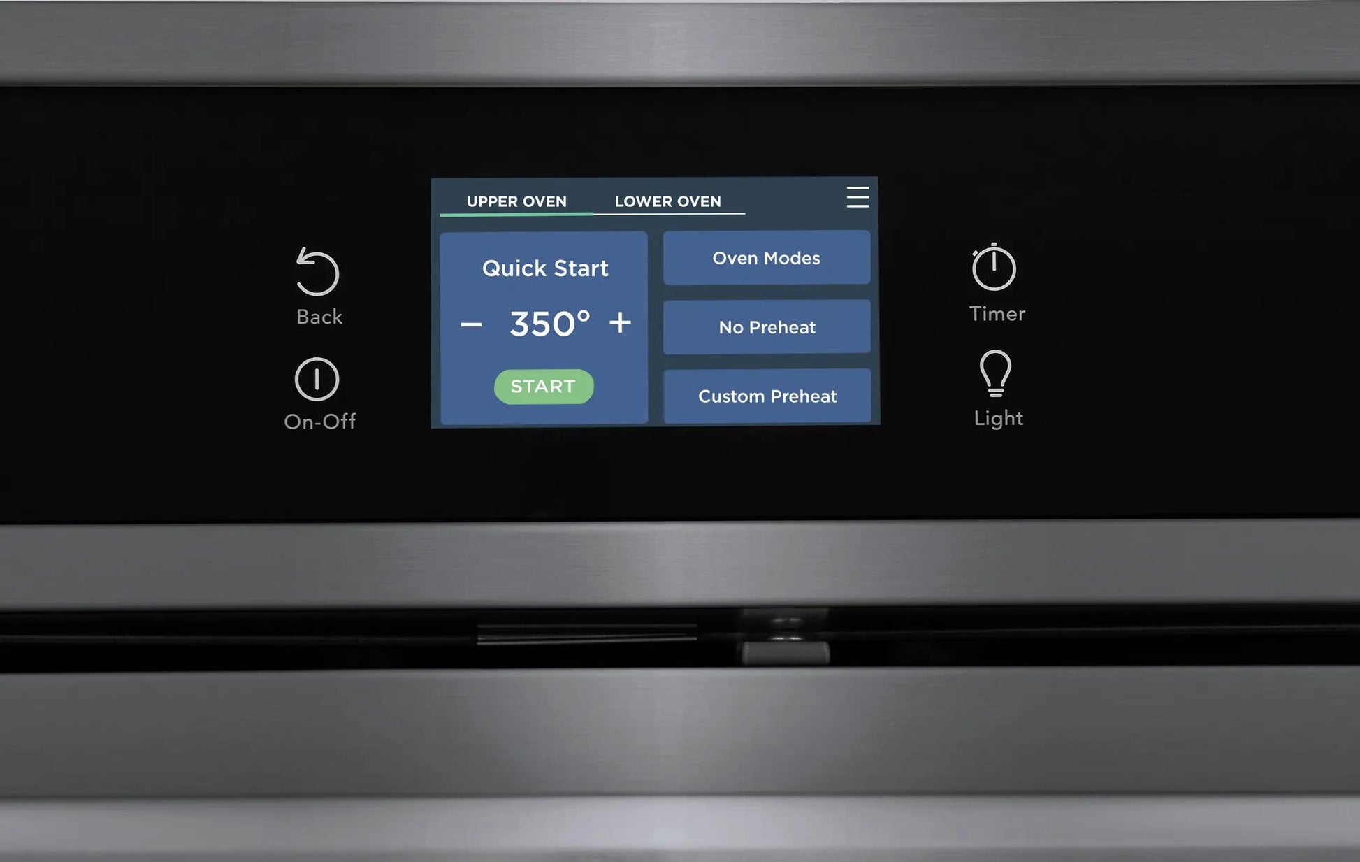 Digital control panel on stainless steel double electric wall oven showing cooking settings at Hartville Hardware