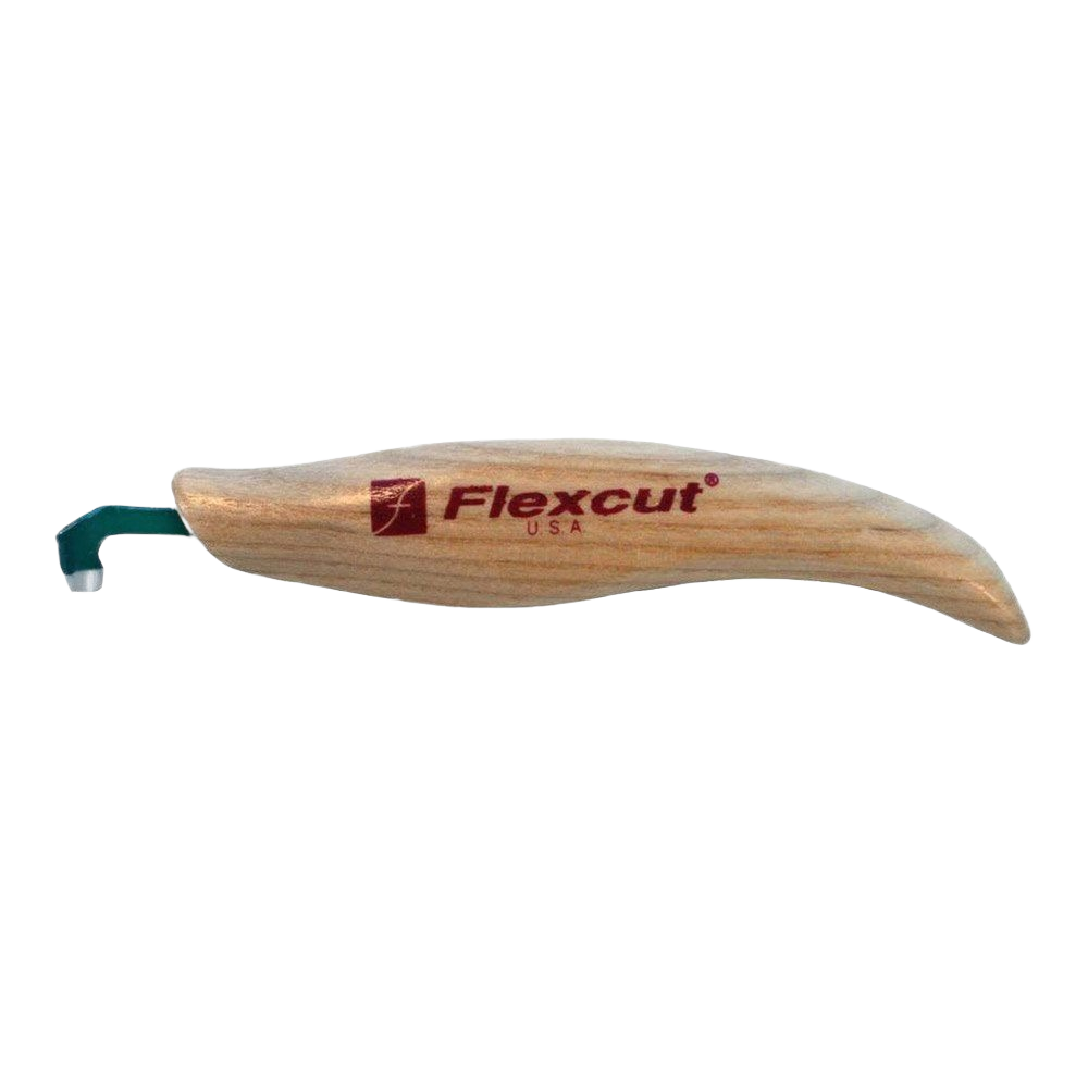 Wood-handled left handed carving tool with angled metal blade for precision woodworking tasks