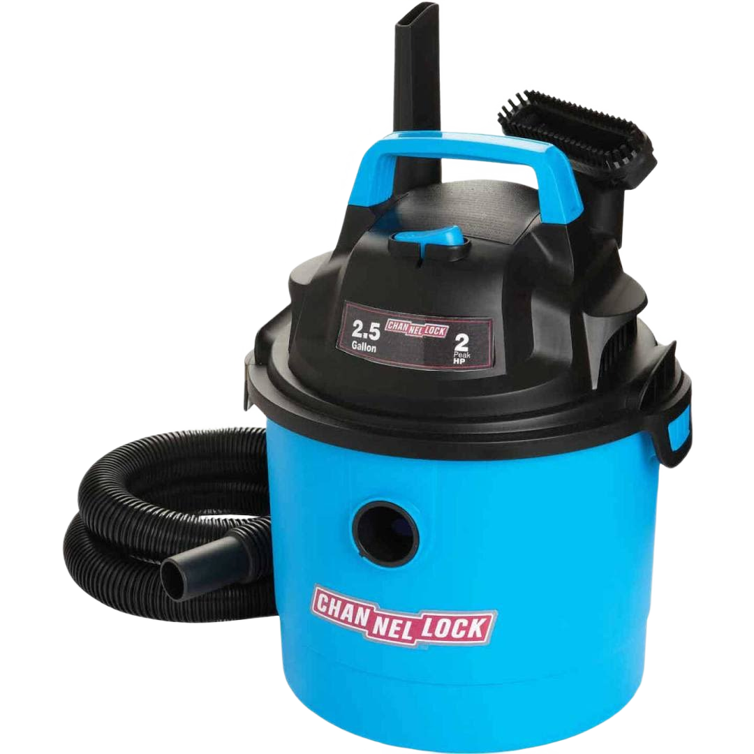 Blue and black 2.5 gallon wet/dry vacuum with flexible hose and wall-mountable design for tools and home improvement tasks