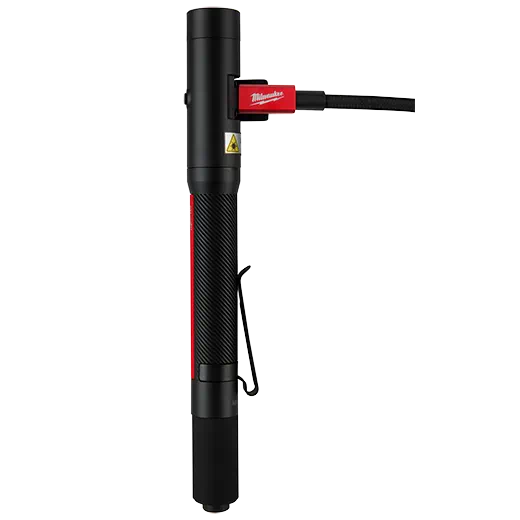 Black rechargeable penlight with laser attachment and USB charging cable for precise tools and home improvement tasks