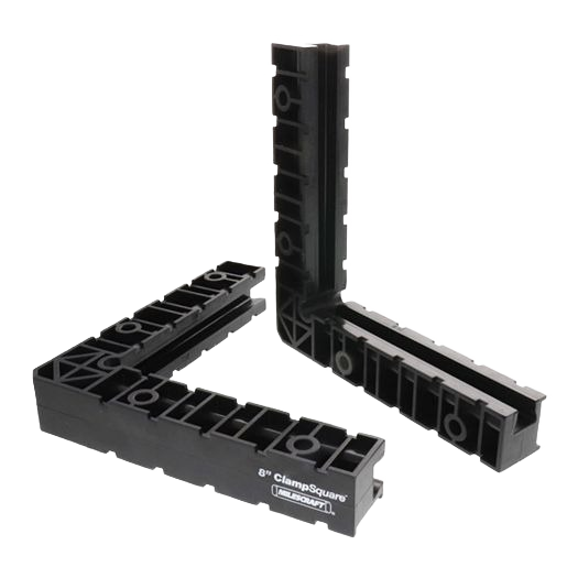 Pair of black plastic 8-inch clamp squares with molded measuring marks for woodworking and home improvement tasks