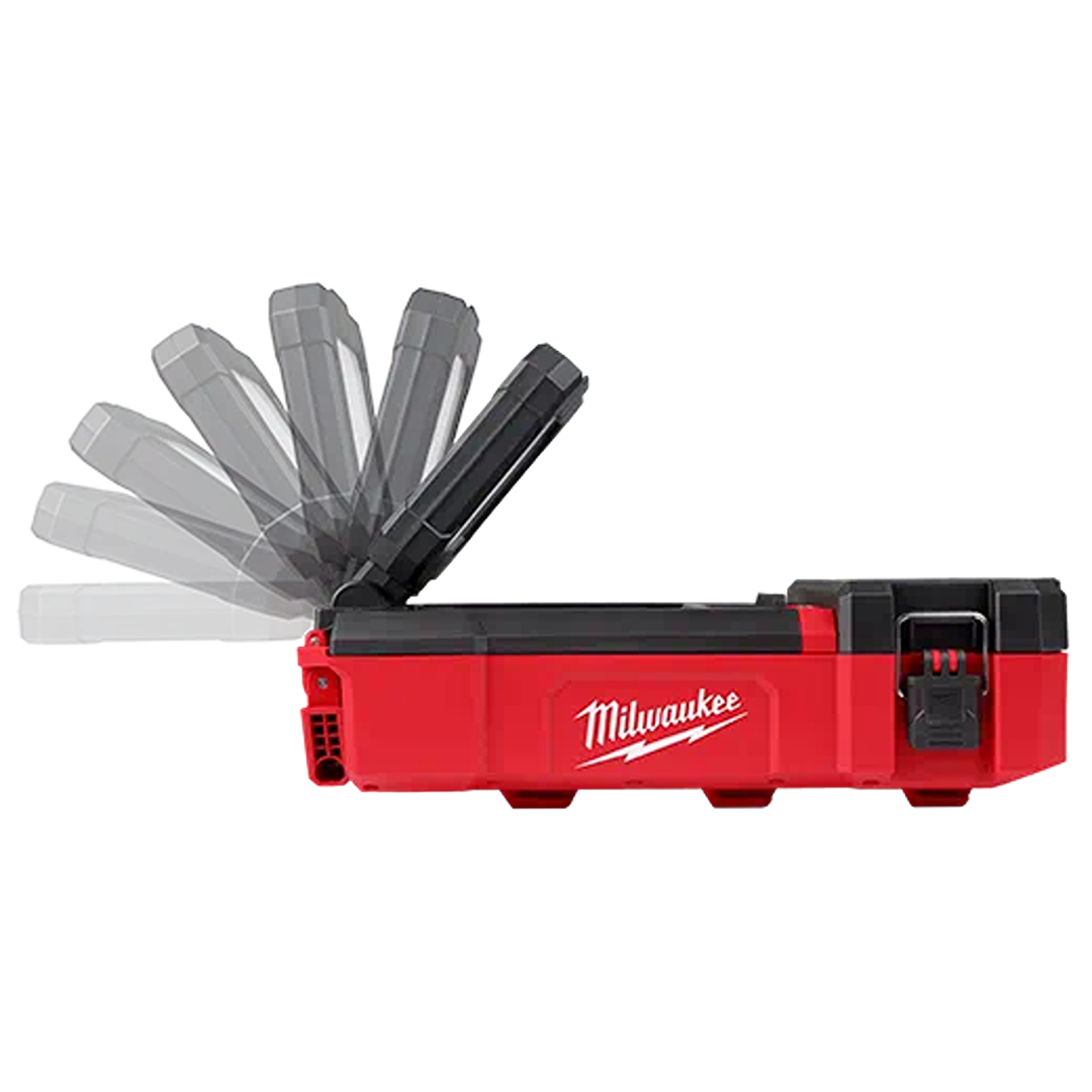 Red and black Milwaukee utility light with adjustable head designed for versatile jobsite illumination and tool charging