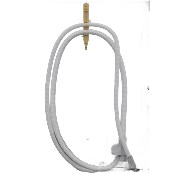 Flexible dishwasher inlet hose with brass connector and drain pipe assembly for Bosch appliances and home improvement.