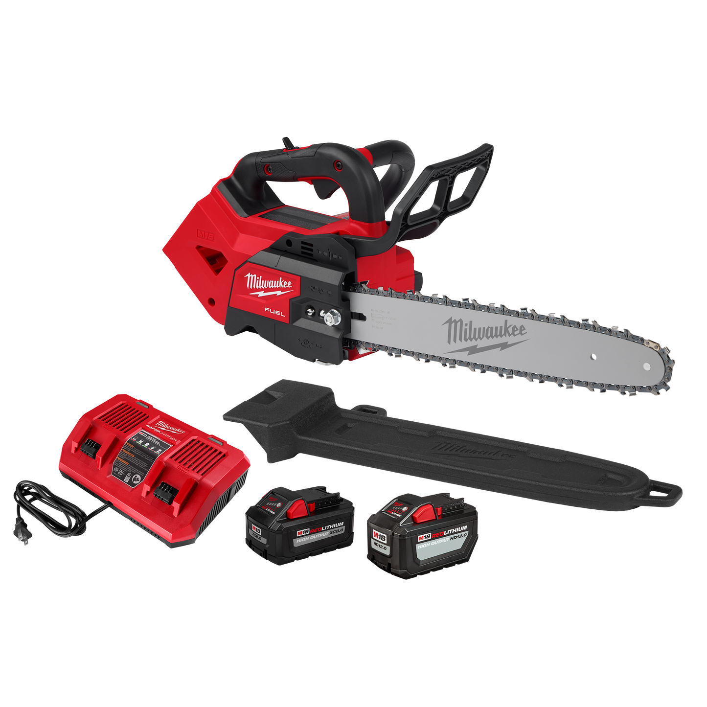 Red and black cordless chainsaw with 14-inch bar, two rechargeable batteries, charger, and protective blade cover for home improvement tasks