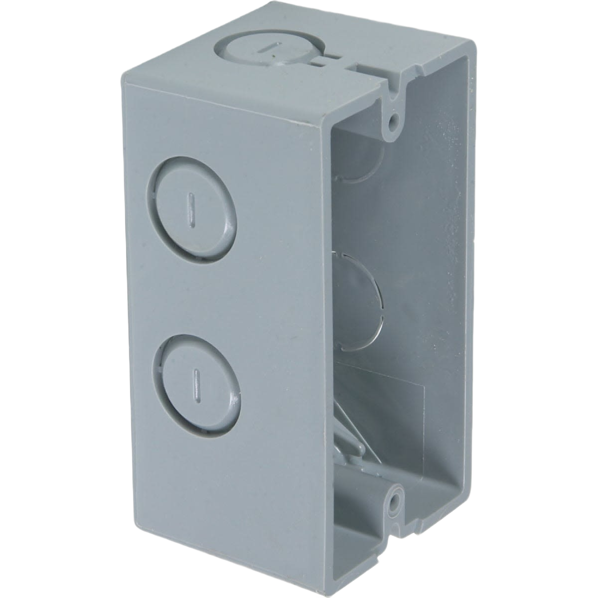 Gray rigid PVC electrical box designed for mounting switches or outlets in home improvement projects