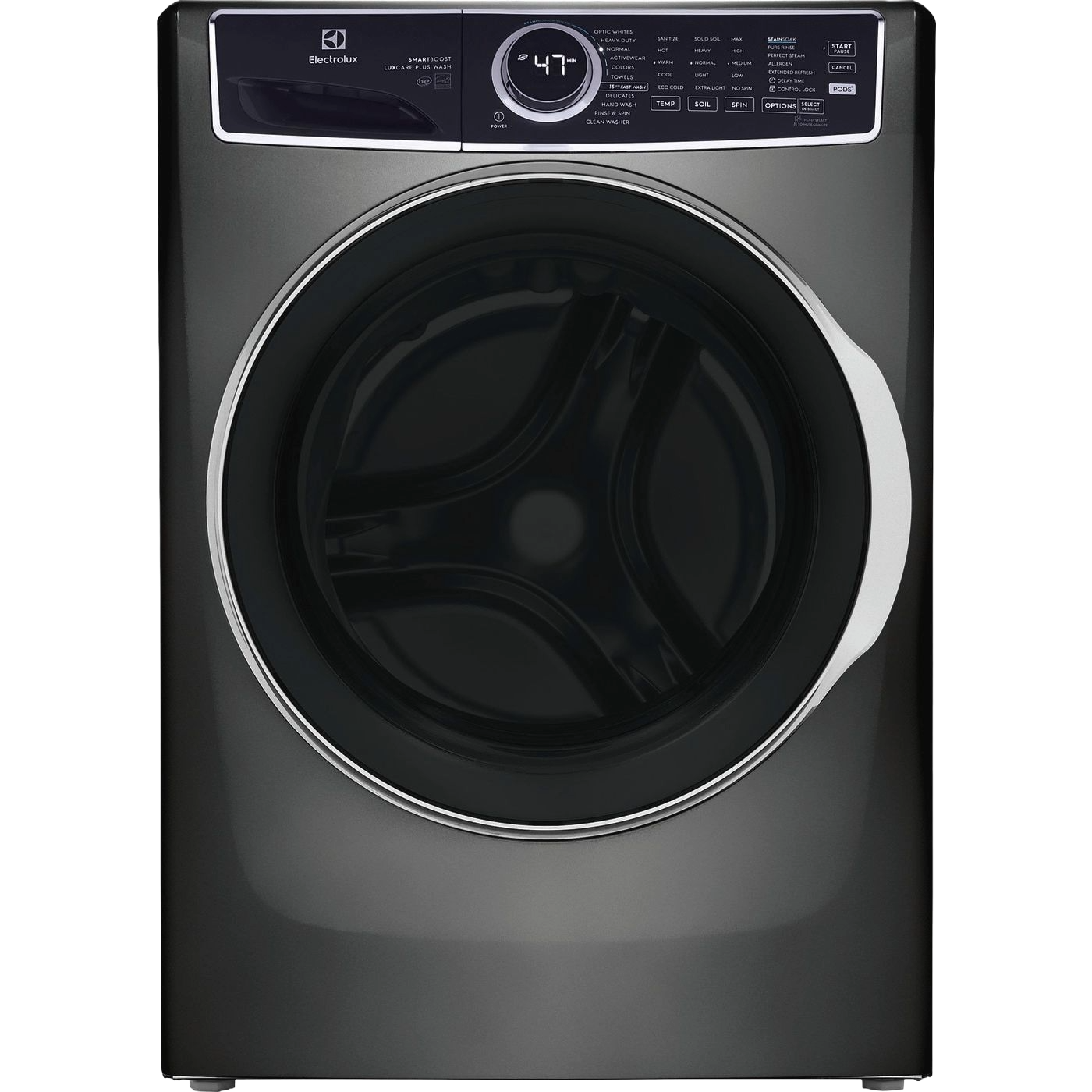 Dark gray front load washer with digital control panel and large round door from front load washers collection