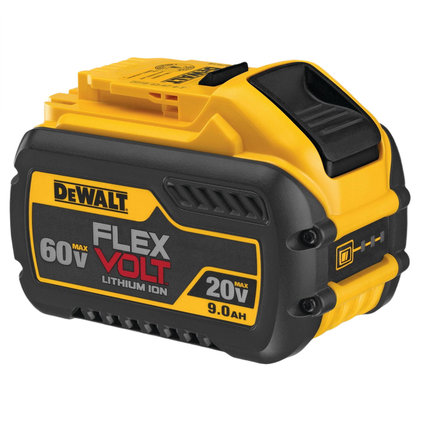 Yellow and black lithium-ion power tool battery with flexible voltage for extended runtime in tools and home improvement projects