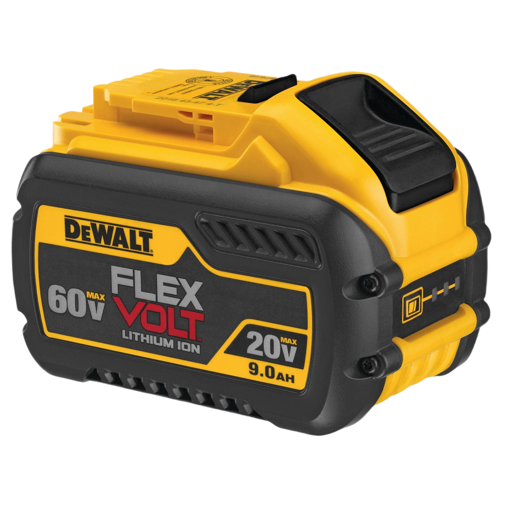 Yellow and black lithium-ion power tool battery with flexible voltage for extended runtime in tools and home improvement projects