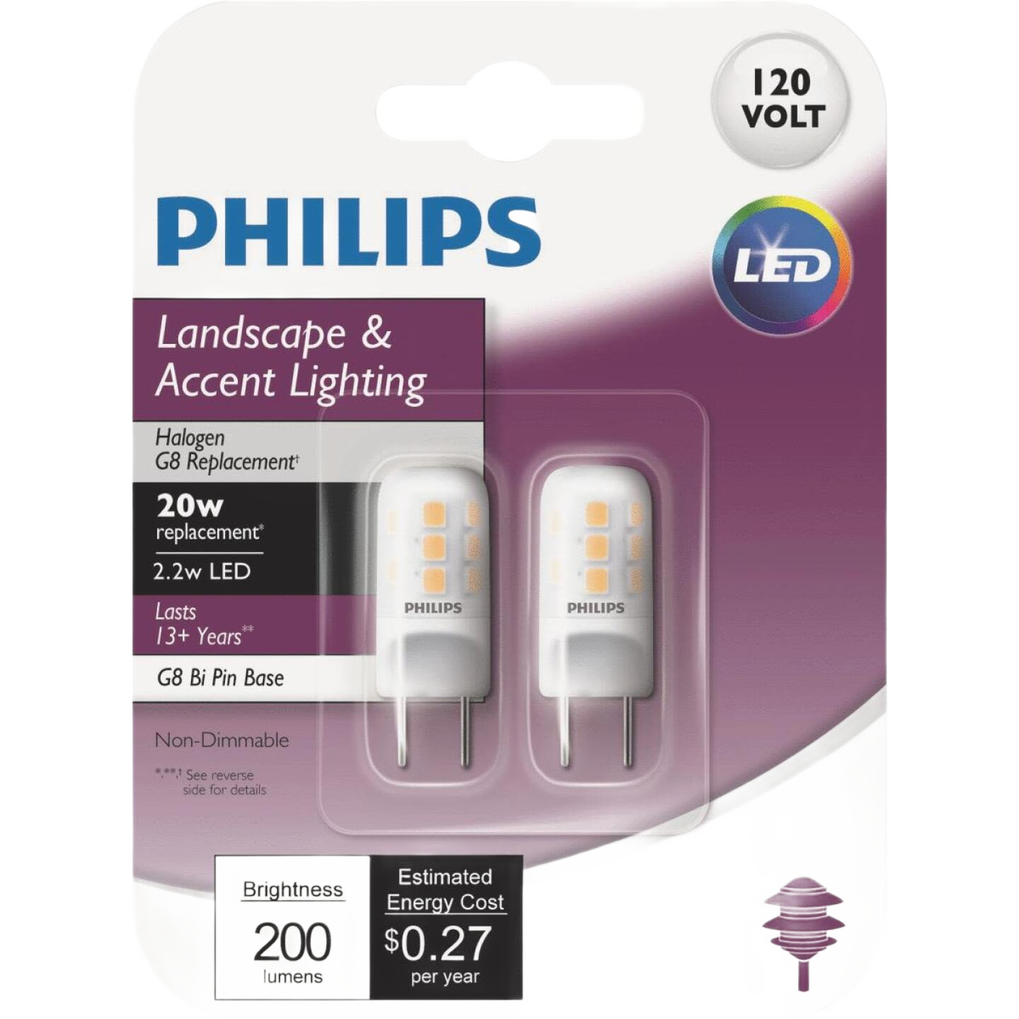 Two-pack of Philips 2.2 watt T4 G8 LED bulbs for landscape and accent lighting, energy-efficient under $50 collection
