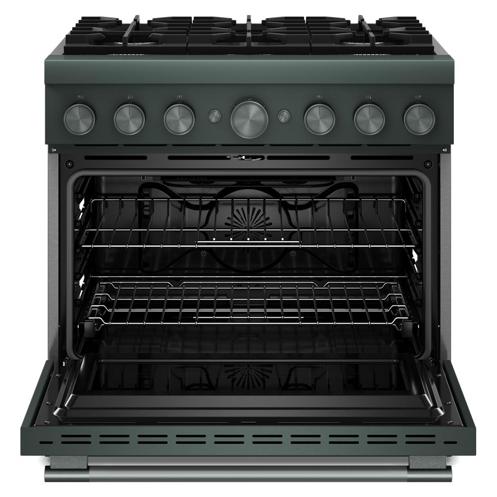Front view of dark green 36-inch 6-burner dual fuel range with open oven door from KitchenAid Ranges collection