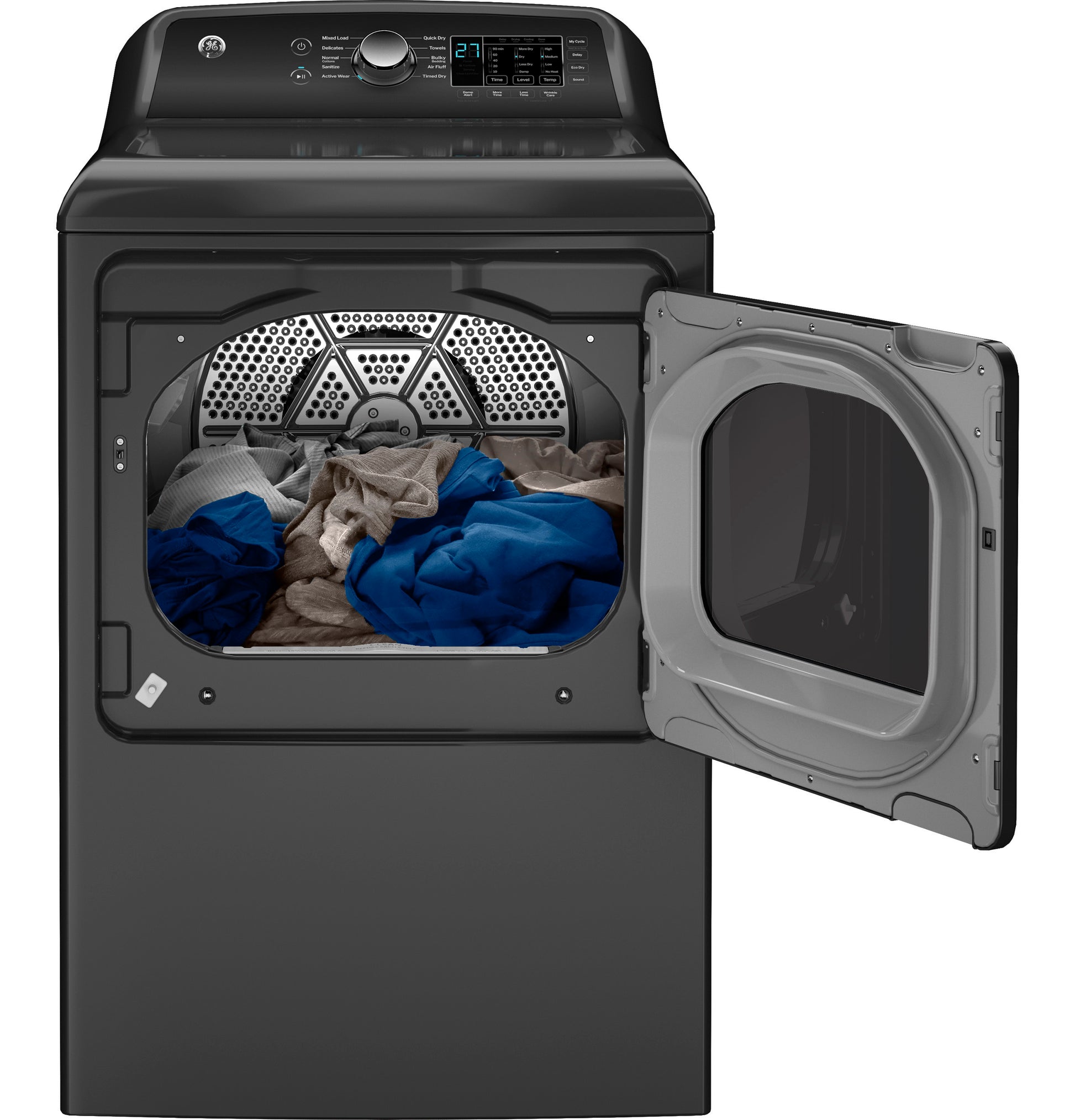 Black electric dryer with open door showing mixed laundry load and digital control panel from washers and dryers collection