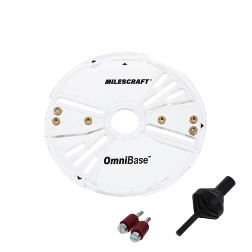Clear circular router base with adjustable mounting wings and metal inserts for woodworking tool accessories and home improvement