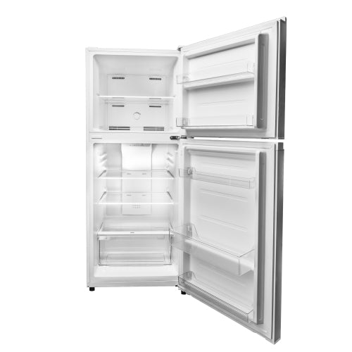 White top mount refrigerator with open doors showing spacious interior and adjustable shelves from appliances collection