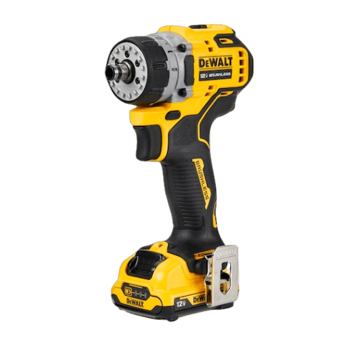 Yellow and black brushless 12V cordless drill driver with ergonomic handle and metal belt clip for home improvement tasks