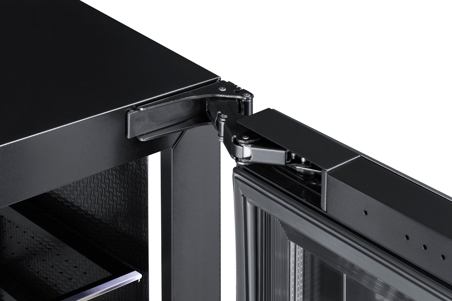 Close-up of hinge mechanism on a 24-inch built-in beverage center with black interior and glass door frame
