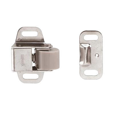 Matte silver zinc rolling catch with mounting plates for cabinet and furniture hardware in home improvement projects