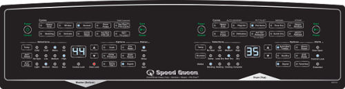 Black control panel for stacked front load gas washer-dryer combo with digital displays and multiple cycle options