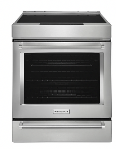 stainless steel 30-inch induction slide-in convection range with glass door and digital controls in kitchen appliances collection