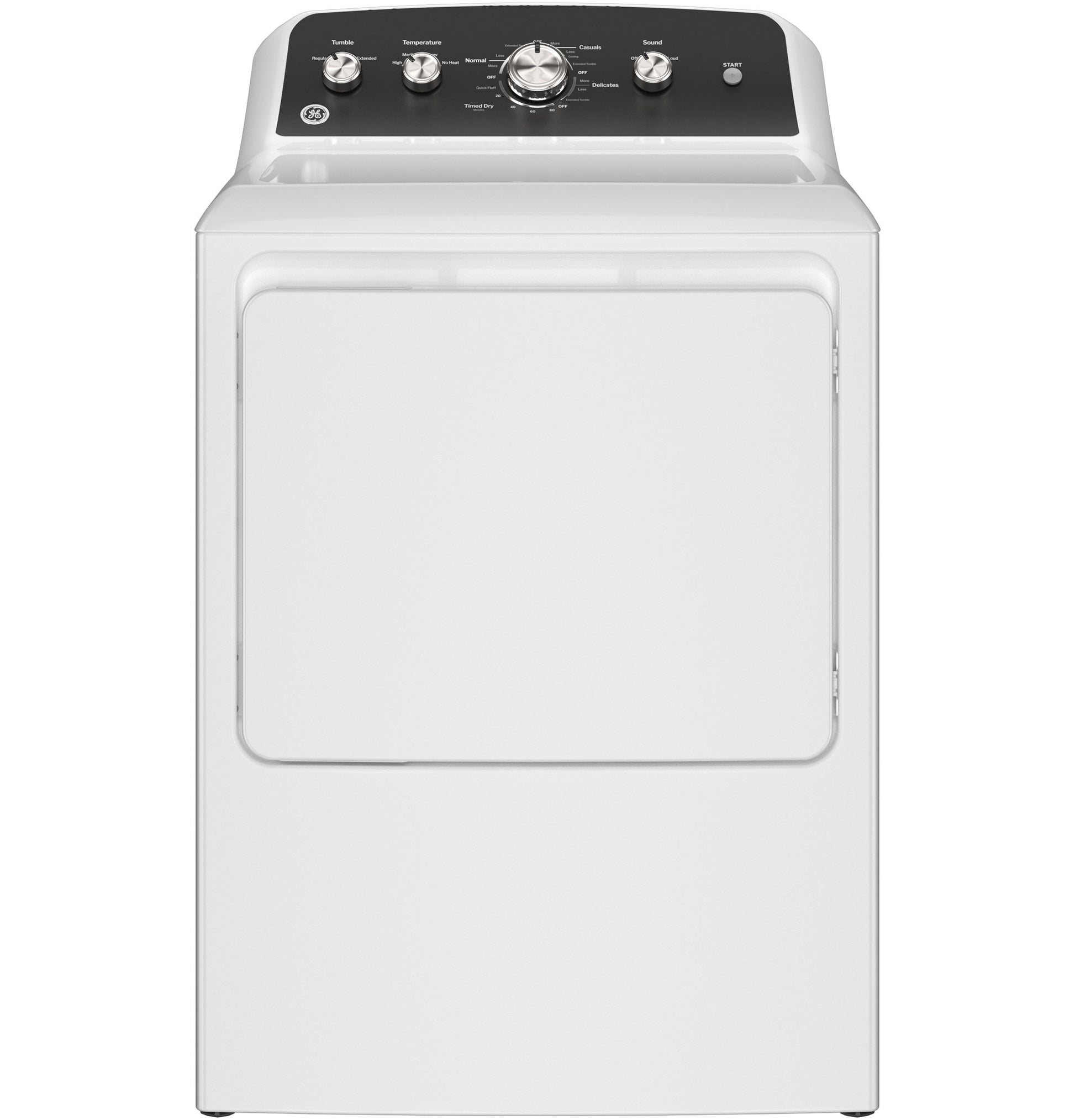 White electric dryer with control knobs and extended tumble feature in dryers and appliances collection