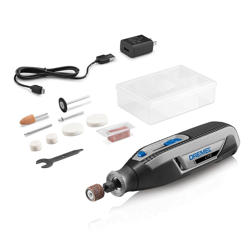 Cordless rotary tool with multiple attachments, USB charger, and storage case for home improvement tasks