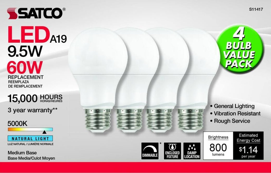 Set of four 9.5 watt A19 LED bulbs with natural light, medium base, suitable for general home improvement lighting needs