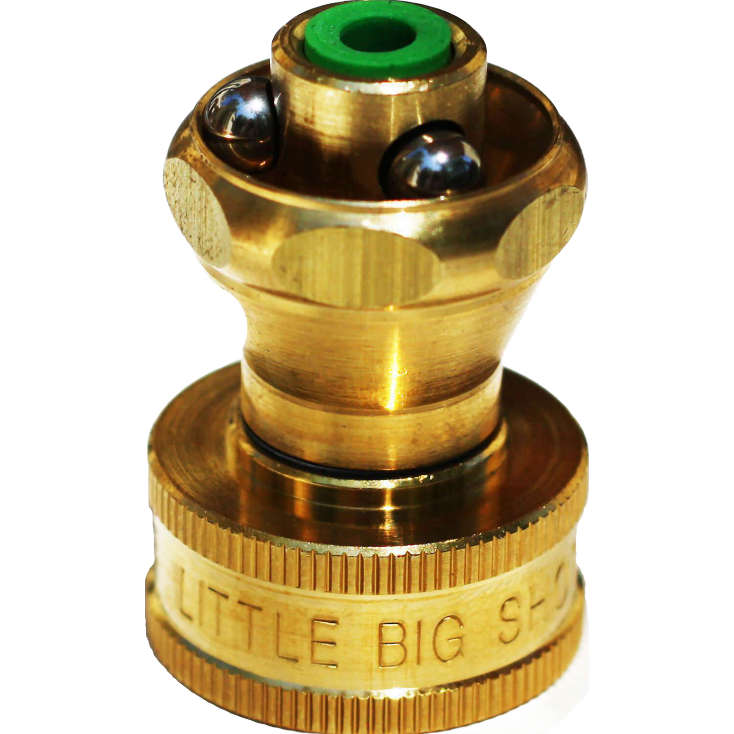 Brass twist nozzle with adjustable water flow and ball bearings, part of watering and irrigation tools for lawn and garden.