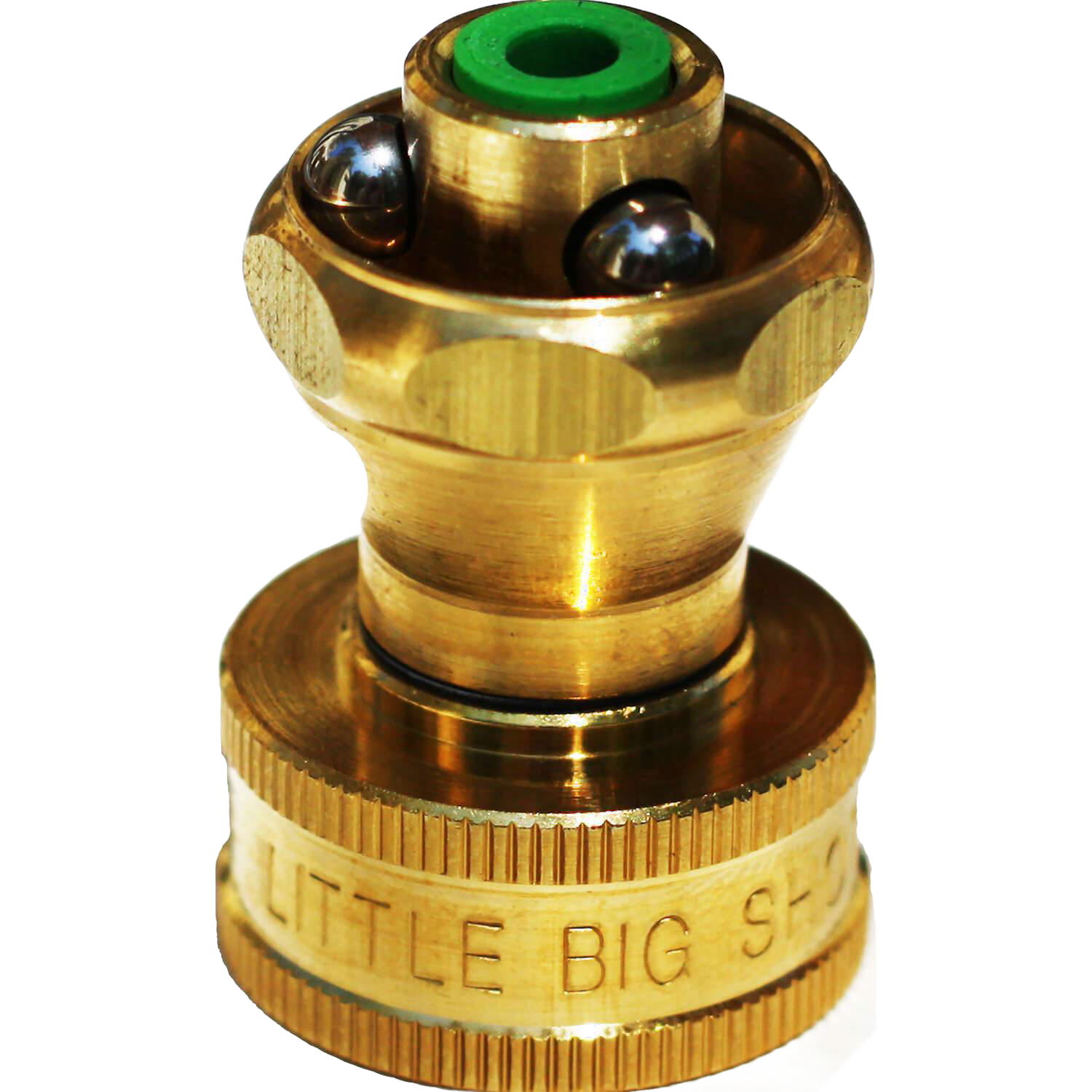 Brass twist nozzle with adjustable water flow and ball bearings, part of watering and irrigation tools for lawn and garden.