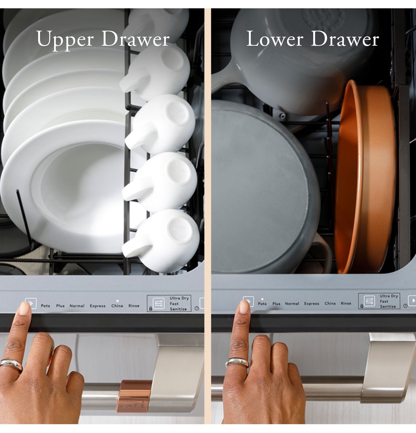 Open upper drawer with dishes and mugs and lower drawer with pots in stainless steel dishwasher from kitchen appliances collection