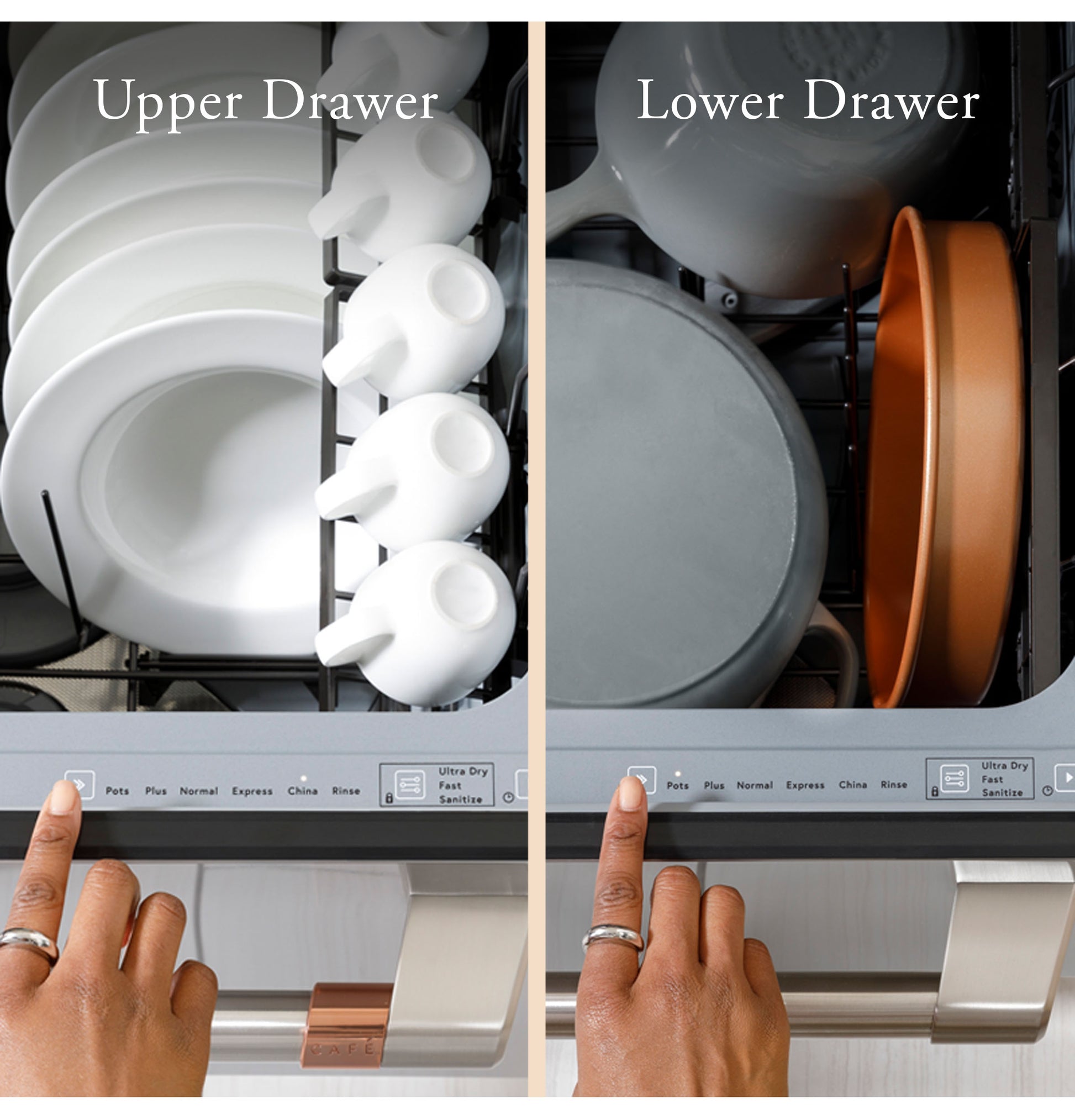 Open upper drawer with dishes and mugs and lower drawer with pots in stainless steel dishwasher from kitchen appliances collection